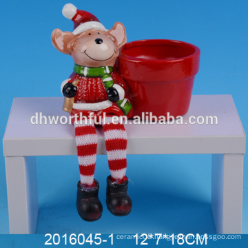 Cute mini christmas flower pots ceramic deer planter for wholesale